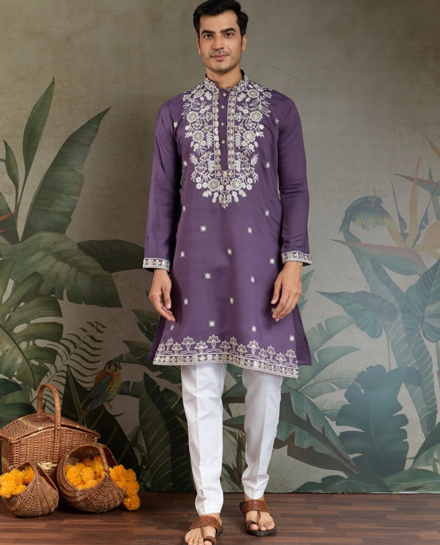 61321-purple - Purple Thread & Sequence Hand Embroidered Men’s Kurta Set